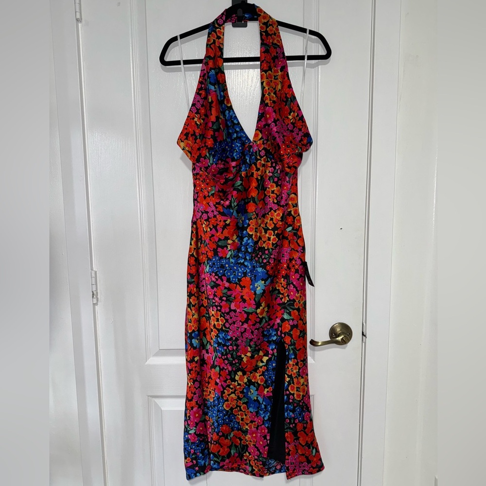 Lulus Floral Satin Halter Midi Dress